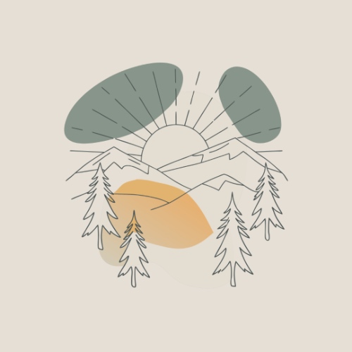 A vector illustration showcasing nature (sunset, pine trees, mountains and hills)