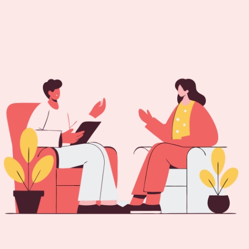 A vector illustration of a therapist speaking with an individual client