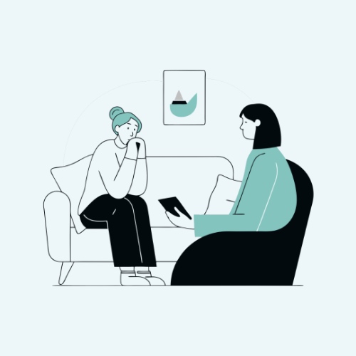 A vector illustration of a WSIB therapist speaking with an individual client